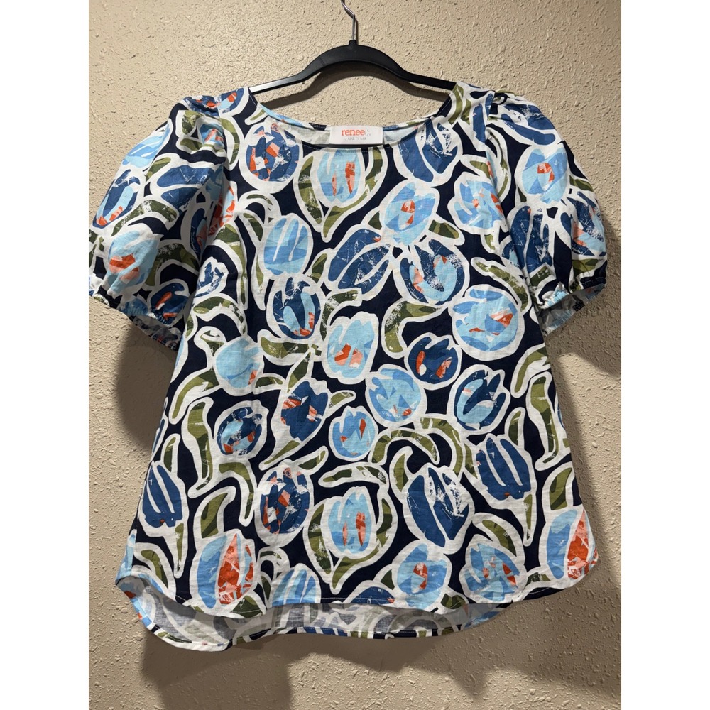 Renee C. Womens Abstract Floral Tulip Puff Sleeve Blouse Navy Blue Made in USA